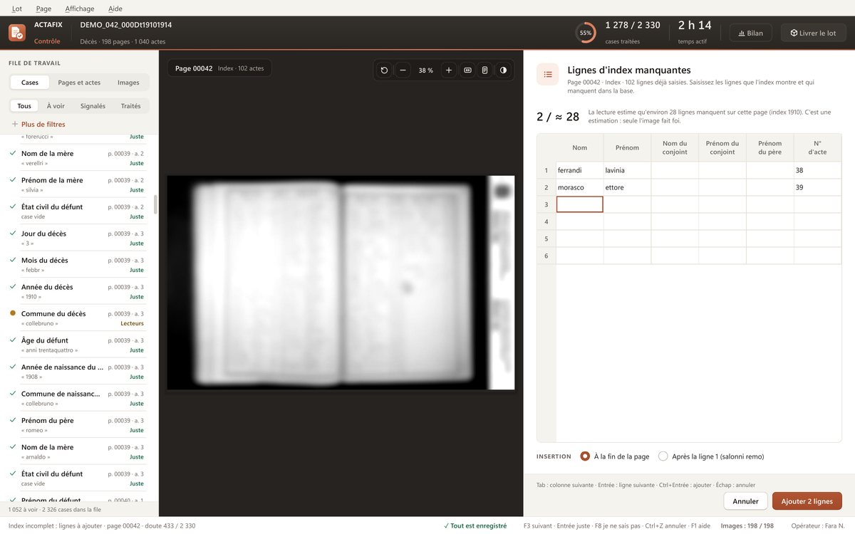Les lignes d'index manquantes, tapées à côté de la page. Le programme estime combien de lignes manquent. On les saisit dans une grille, la page sous les yeux.